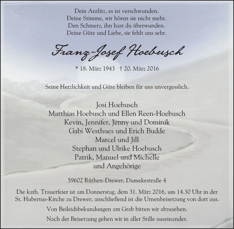  Traueranzeige für Franz-Josef Hoebusch vom 26.03.2016 aus Tageszeitung