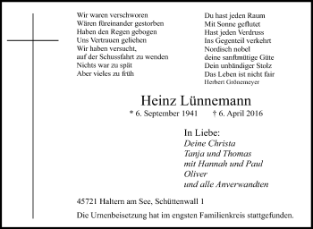 Traueranzeige von Heinz Lünnemann von Tageszeitung