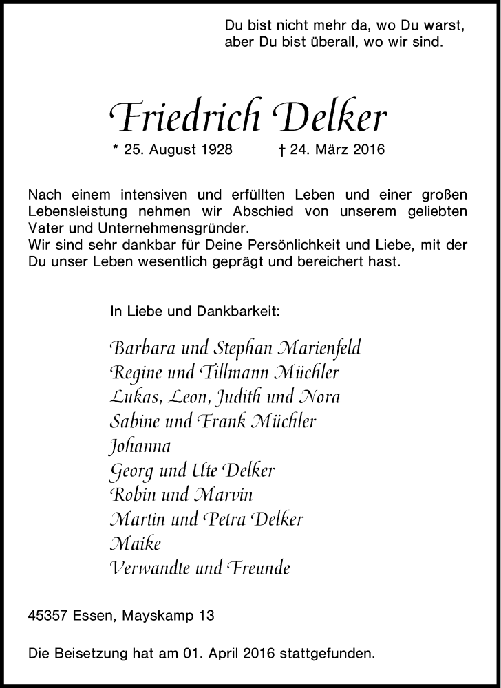  Traueranzeige für Friedrich Delker vom 02.04.2016 aus Tageszeitung