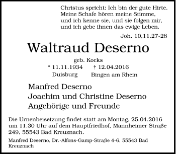 Traueranzeige von Waltraud Deserno von Tageszeitung