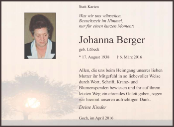 Traueranzeige von Johanna Berger von Tageszeitung