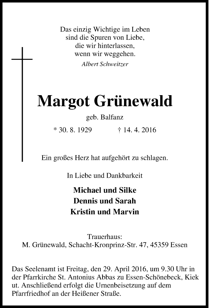  Traueranzeige für Margot Grünewald vom 20.04.2016 aus Tageszeitung