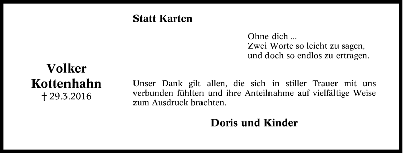  Traueranzeige für Volker Kottenhahn vom 22.04.2016 aus Tageszeitung