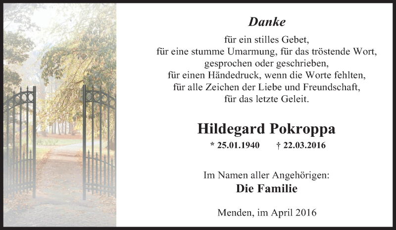  Traueranzeige für Hildegard Pokroppa vom 06.04.2016 aus Tageszeitung