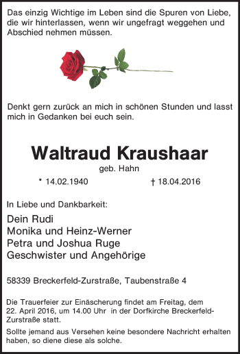 Traueranzeige von Waltraud Kraushaar von Tageszeitung