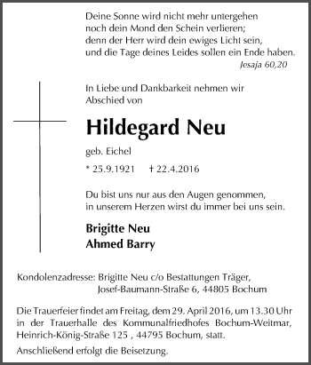 Traueranzeige von Hildegard Neu von Tageszeitung