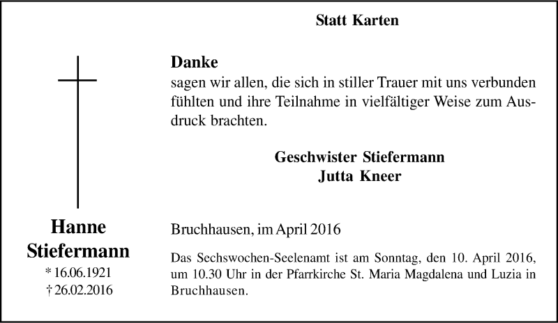  Traueranzeige für Hanne Stiefermann vom 07.04.2016 aus Tageszeitung