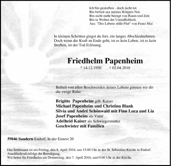 Traueranzeige von Friedhelm Papenheim von Tageszeitung