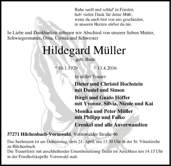 Traueranzeige von Hildegard Müller von Tageszeitung