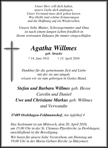 Traueranzeige von Agatha Willmes von Tageszeitung
