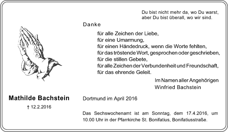  Traueranzeige für Mathilde Bachstein vom 09.04.2016 aus Tageszeitung