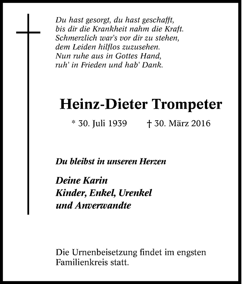  Traueranzeige für Heinz-Dieter Trompeter vom 02.04.2016 aus Tageszeitung