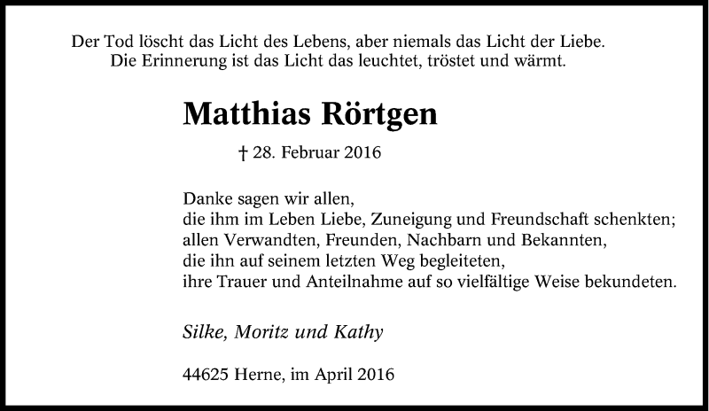  Traueranzeige für Matthias Rörtgen vom 23.04.2016 aus Tageszeitung