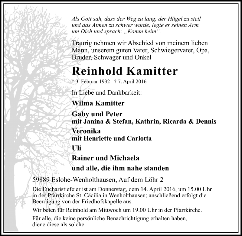  Traueranzeige für Reinhold Kamitter vom 09.04.2016 aus Tageszeitung
