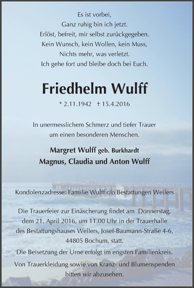  Traueranzeige für Friedhelm Wulff vom 19.04.2016 aus Tageszeitung