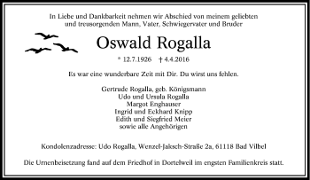 Traueranzeige von Oswald Rogalla von Tageszeitung