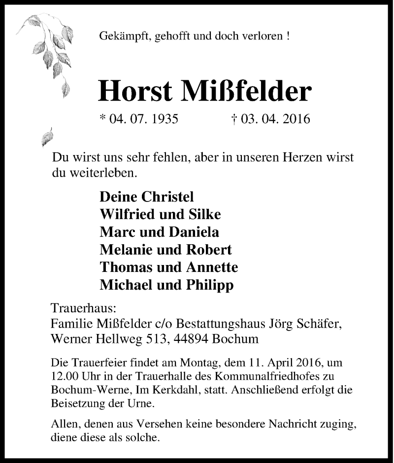  Traueranzeige für Horst Mißfelder vom 07.04.2016 aus Tageszeitung