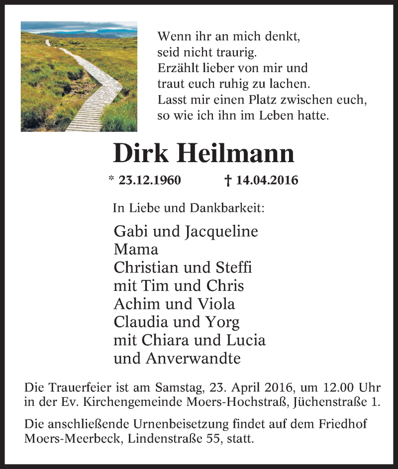  Traueranzeige für Dirk Heilmann vom 20.04.2016 aus Tageszeitung
