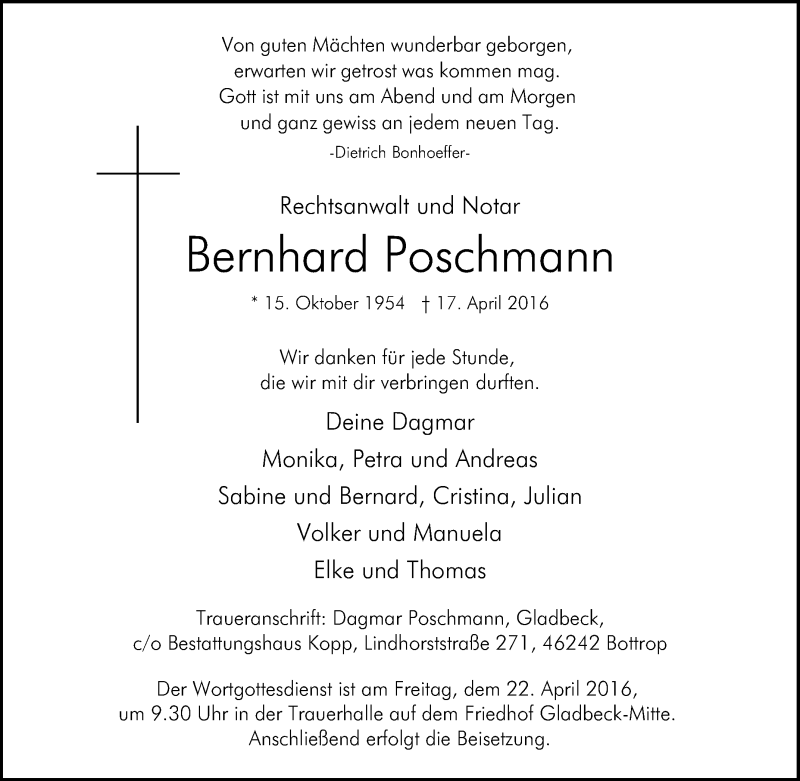  Traueranzeige für Bernhard Poschmann vom 20.04.2016 aus Tageszeitung