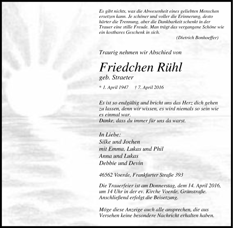  Traueranzeige für Friedchen Rühl vom 12.04.2016 aus Tageszeitung