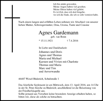 Traueranzeige von Agnes Gardemann von Tageszeitung