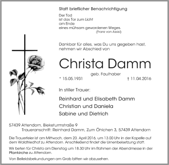 Traueranzeige von Christa Damm von Tageszeitung
