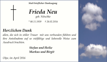 Traueranzeige von Frieda Neu von Tageszeitung