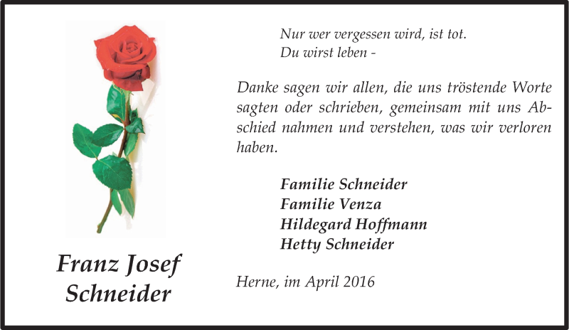  Traueranzeige für Franz Josef Schneider vom 30.04.2016 aus Tageszeitung