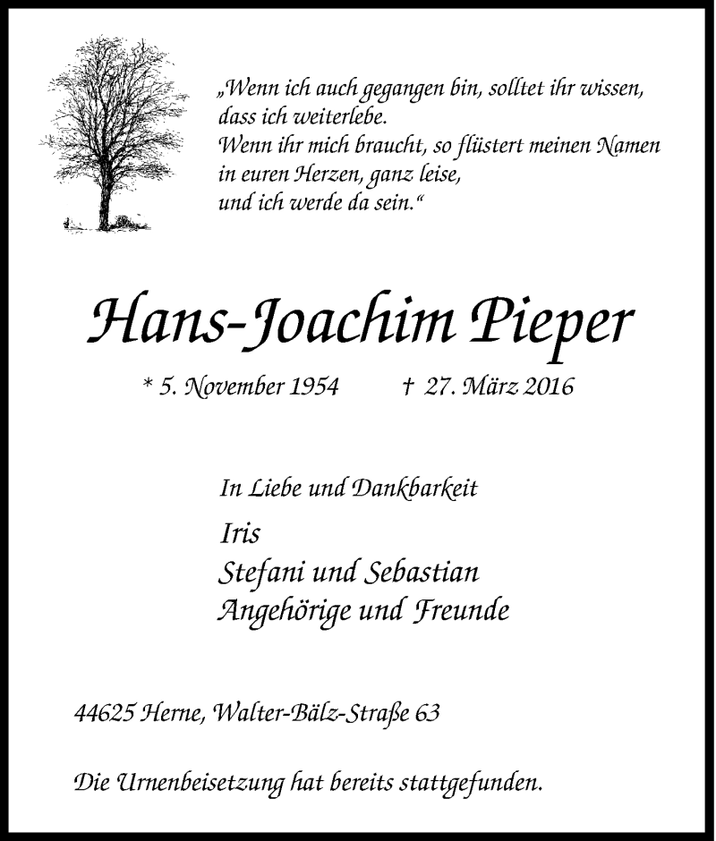  Traueranzeige für Hans-Joachim Pieper vom 09.04.2016 aus Tageszeitung