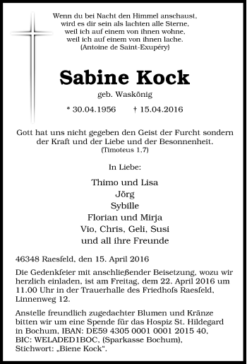 Traueranzeige von Sabine Kock von Tageszeitung