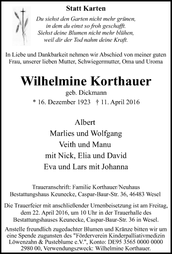 Traueranzeige von Wilhelmine Korthauer von Tageszeitung