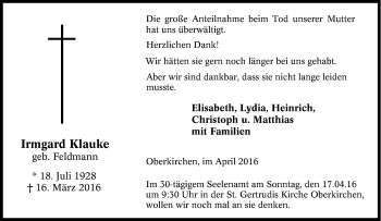 Traueranzeige von Irmgard Klauke von Tageszeitung