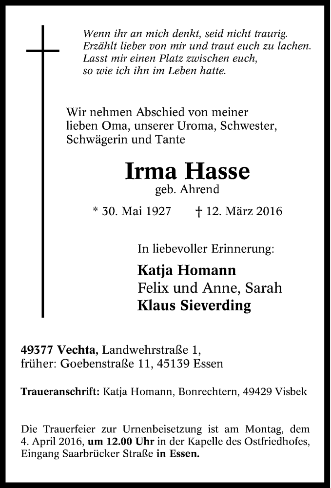  Traueranzeige für Irma Hasse vom 02.04.2016 aus Tageszeitung