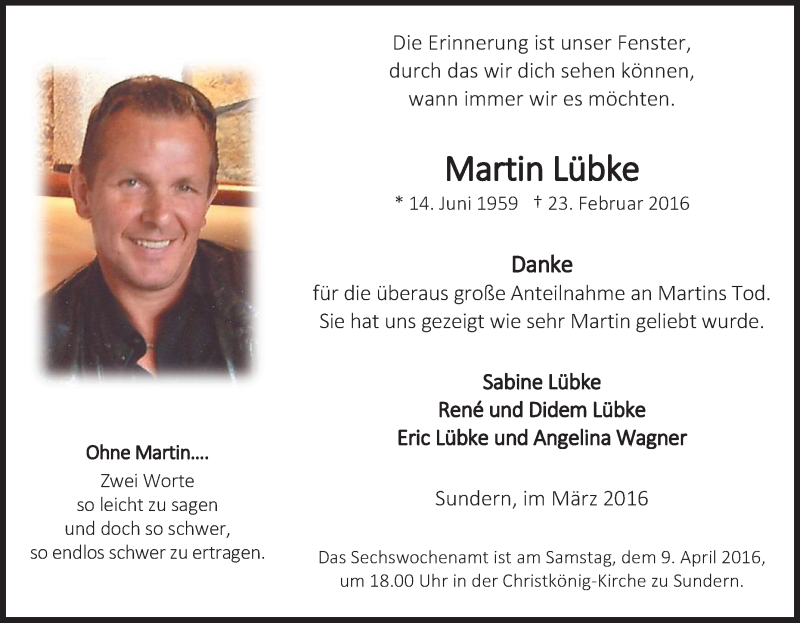  Traueranzeige für Martin Lübke vom 02.04.2016 aus Tageszeitung