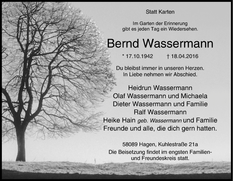  Traueranzeige für Bernd Wassermann vom 23.04.2016 aus Tageszeitung