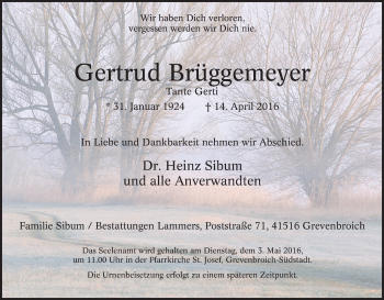 Traueranzeige von Gertrud Brüggemeyer von Tageszeitung