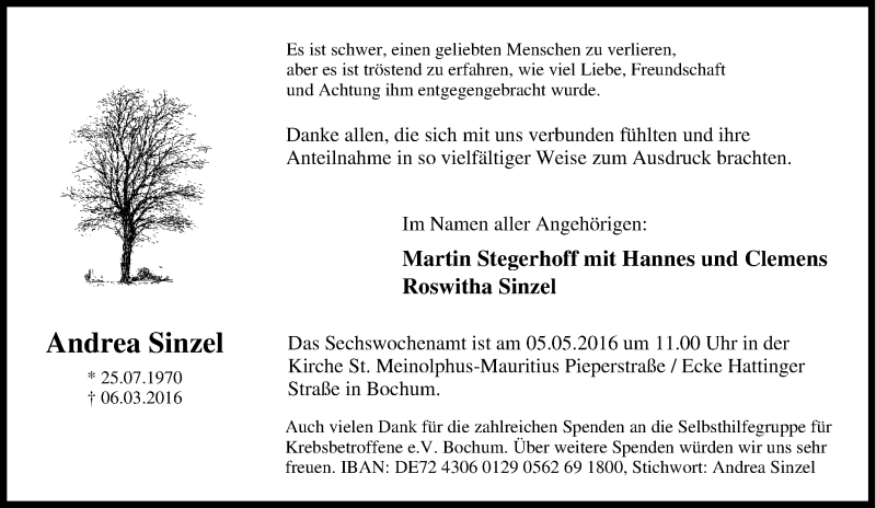  Traueranzeige für Andrea Sinzel vom 23.04.2016 aus Tageszeitung