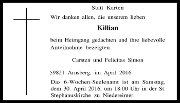 Traueranzeige von Killian Simon von Tageszeitung