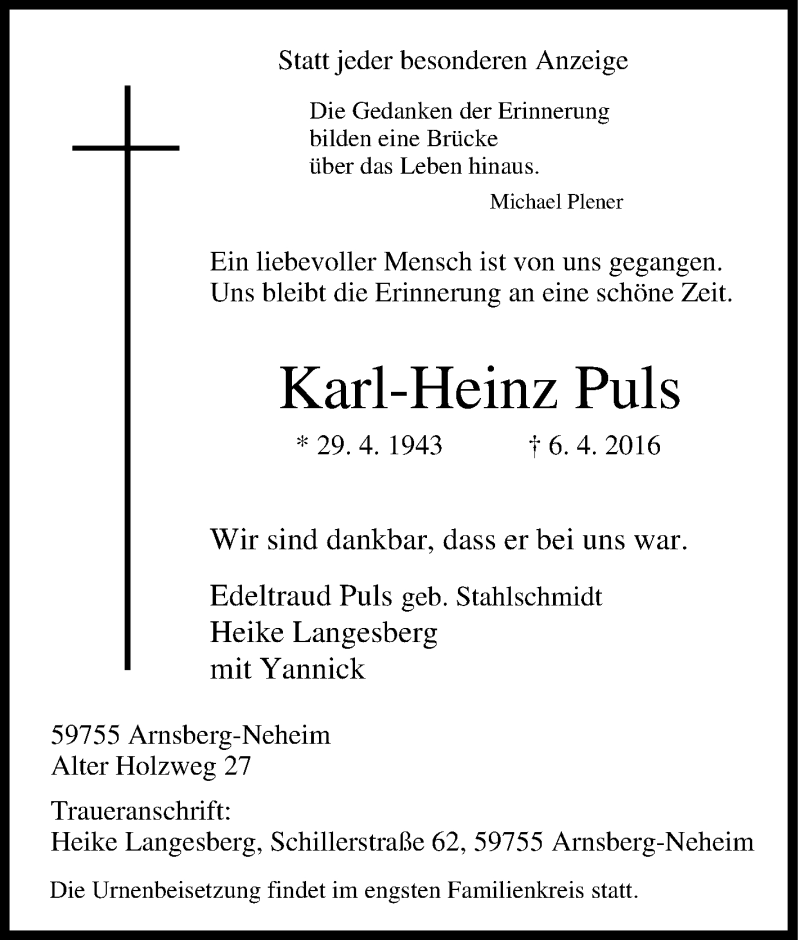  Traueranzeige für Karl-Heinz Puls vom 09.04.2016 aus Tageszeitung