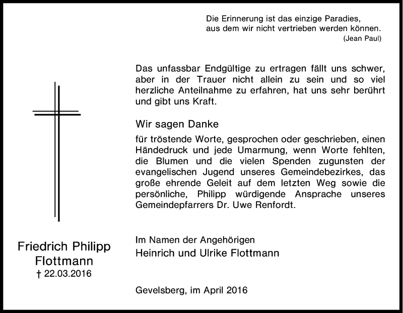  Traueranzeige für Friedrich Philipp Flottmann vom 30.04.2016 aus Tageszeitung
