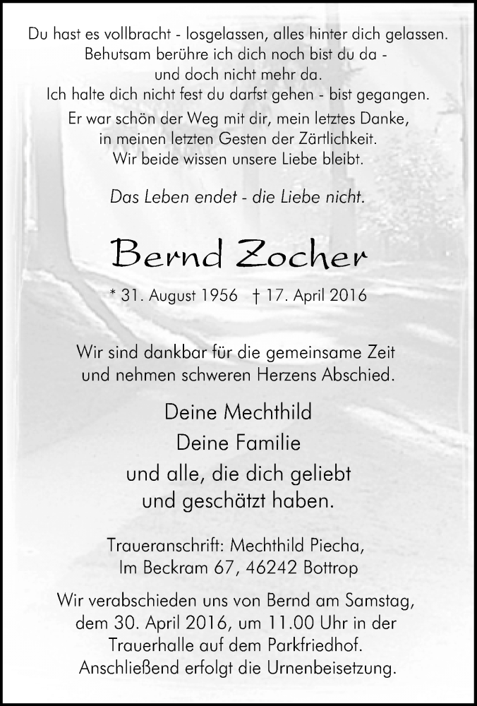  Traueranzeige für Bernd Zocher vom 23.04.2016 aus Tageszeitung