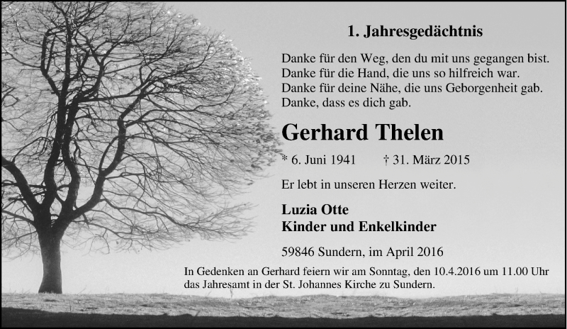  Traueranzeige für Gerhard Thelen vom 04.04.2016 aus Tageszeitung