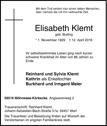Traueranzeige von Elisabeth Klemt von Tageszeitung