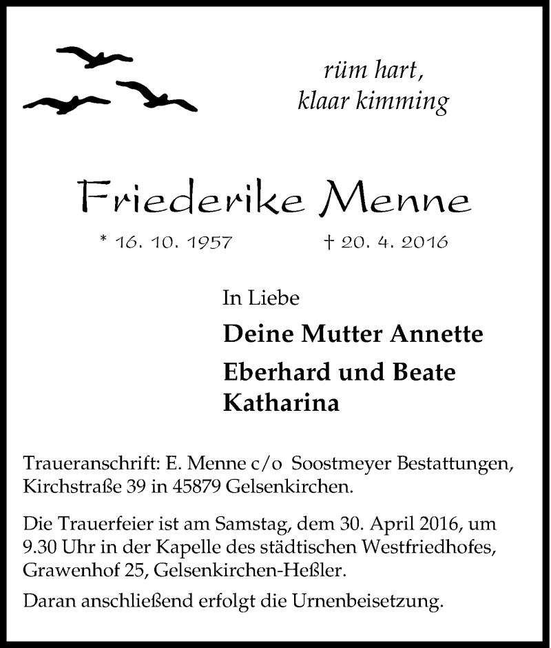  Traueranzeige für Friederike Menne vom 27.04.2016 aus Tageszeitung