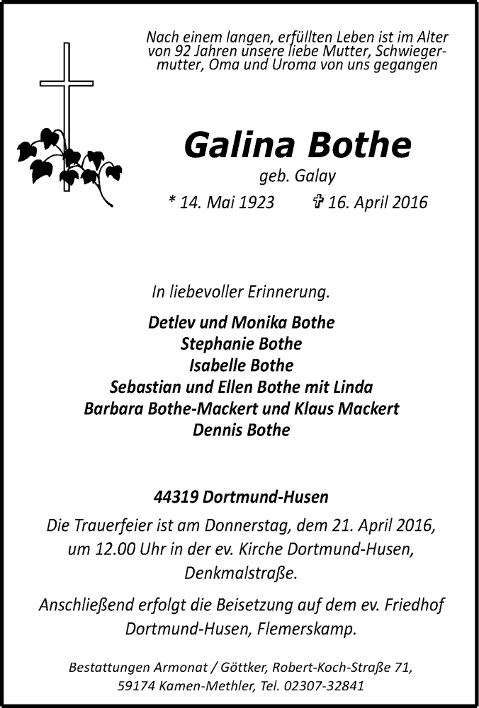 Traueranzeige für Galina Bothe vom 19.04.2016 aus Tageszeitung