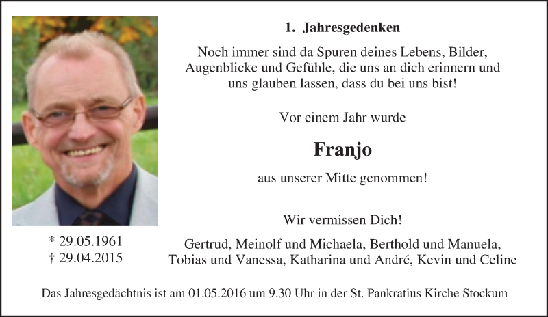  Traueranzeige für Franjo Rickert vom 23.04.2016 aus Tageszeitung