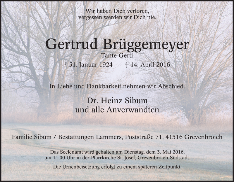 Traueranzeige für Gertrud Brüggemeyer vom 29.04.2016 aus Tageszeitung