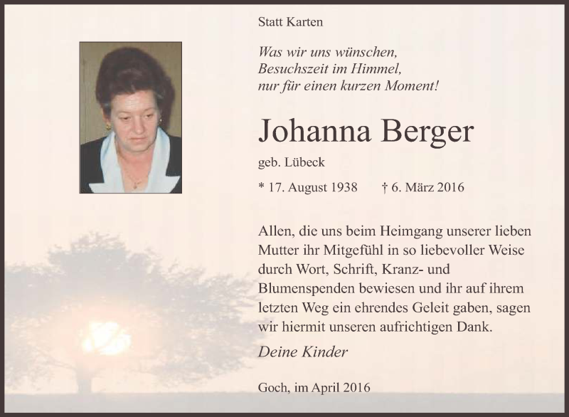  Traueranzeige für Johanna Berger vom 13.04.2016 aus Tageszeitung