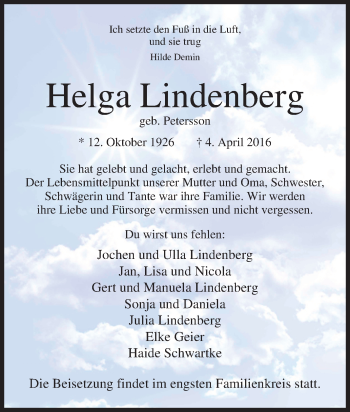 Traueranzeige von Helga Lindenberg von Tageszeitung