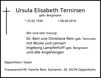 Traueranzeige von Ursula Elisabeth Ternirsen von Tageszeitung